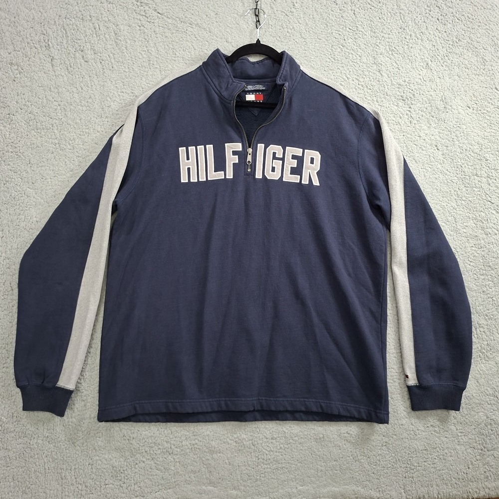 Vintage Tommy Hilfiger Fleece Pullover 1/4 Zip Navy Blue Streetwear Mens XL